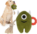 Blue and green plush dog toy with cotton rope elements and squeaker for chewing and tug of war play.