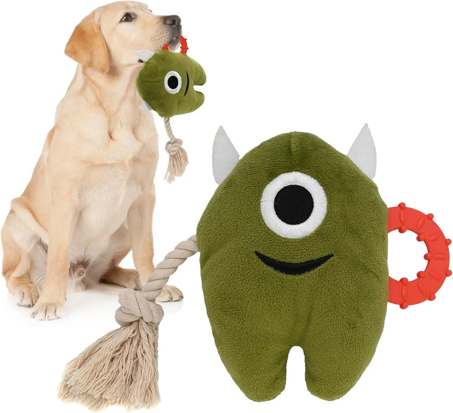Blue and green plush dog toy with cotton rope elements and squeaker for chewing and tug of war play.