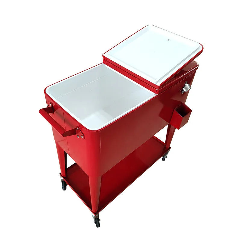 Red outdoor metal heat preservation cart with trolley wheels and insulated box for ice storage