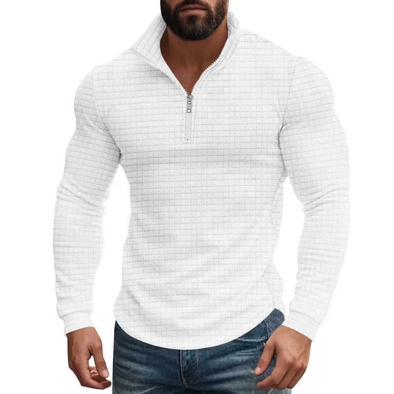 Half zip plaid pullover sweater with stand collar and long sleeves in white, black, wine red, army green, khaki or grey.