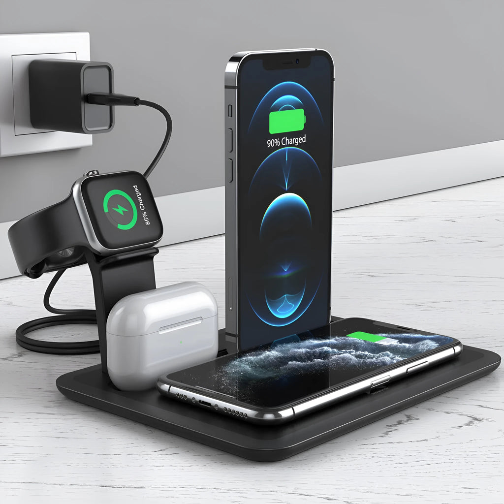 Black desktop wireless charging station for phone with watch and headphone charging outputs