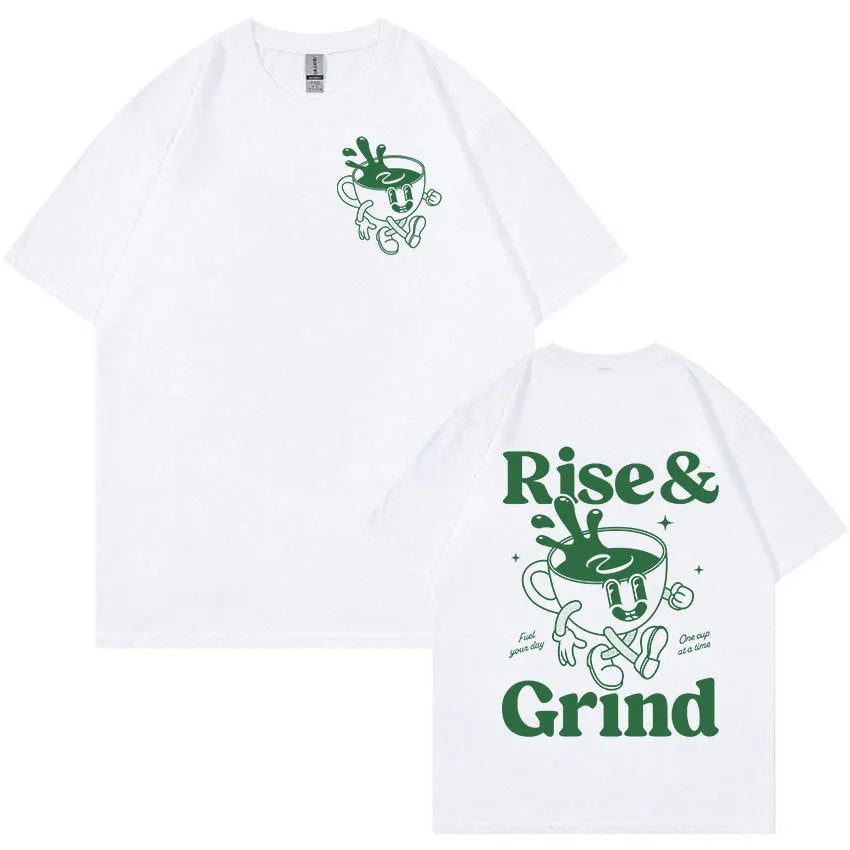 Loose fit linen T-shirt with Rise And Grind green coffee bag cartoon print, shown in multiple colours.