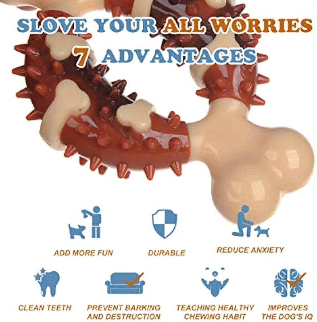 Bone-shaped natural rubber dog dental chew toy for teeth cleaning and anxiety relief