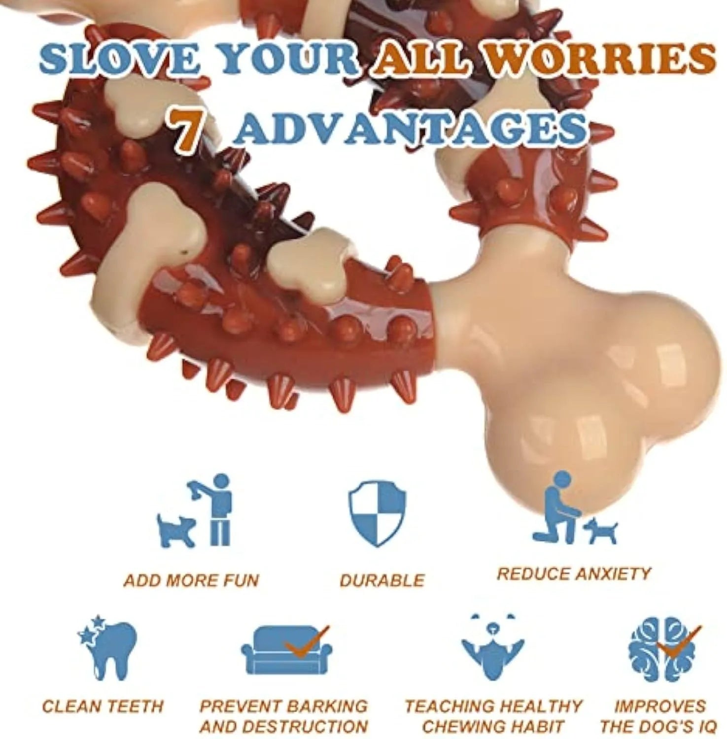 Bone-shaped natural rubber dog dental chew toy for teeth cleaning and anxiety relief