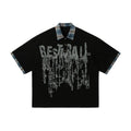 Men's loose fit cotton short sleeve top with asymmetric lapel graffiti printing in blue or red