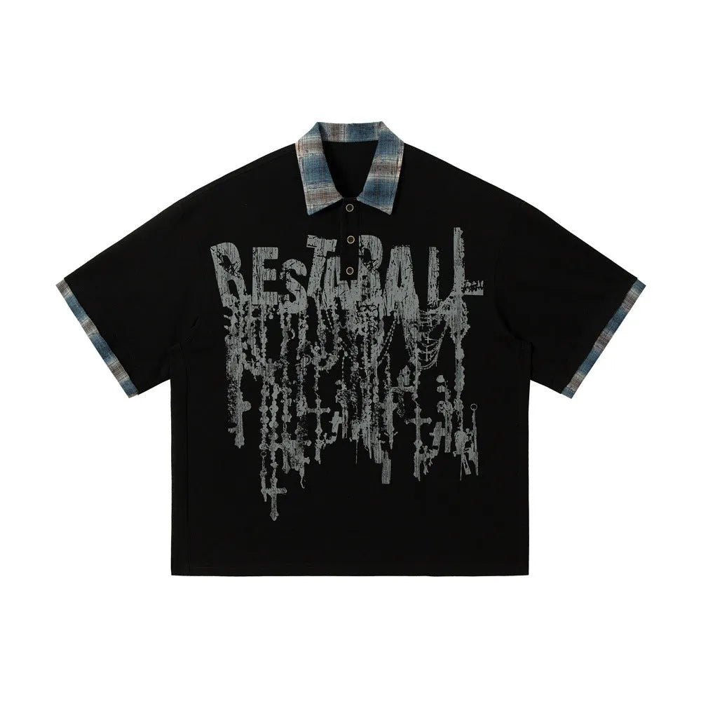 Men's loose fit cotton short sleeve top with asymmetric lapel graffiti printing in blue or red