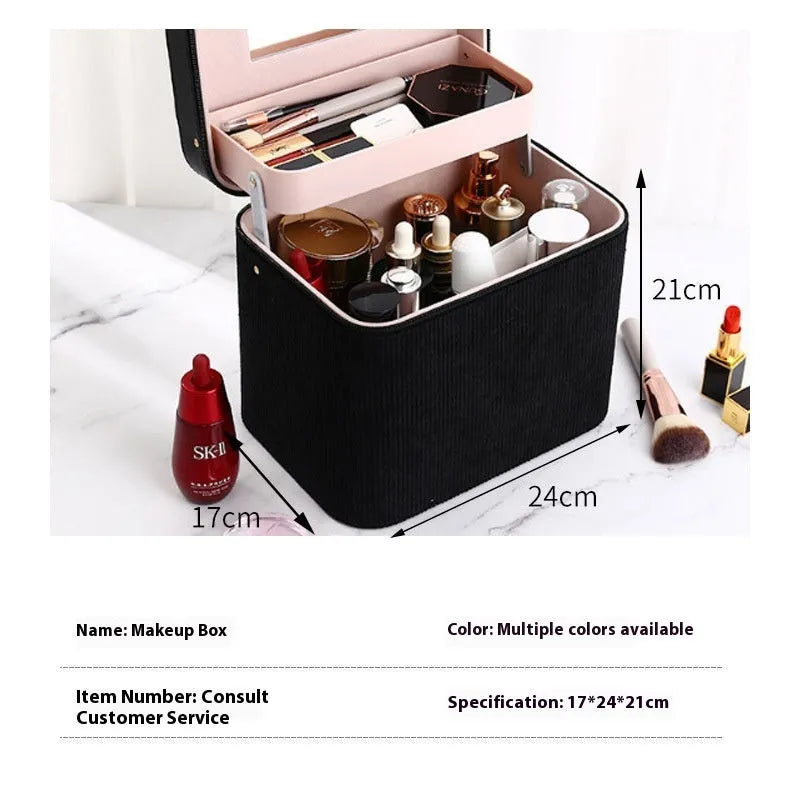Corduroy cosmetic storage box in multiple colours with 24cm by 17cm by 10cm dimensions