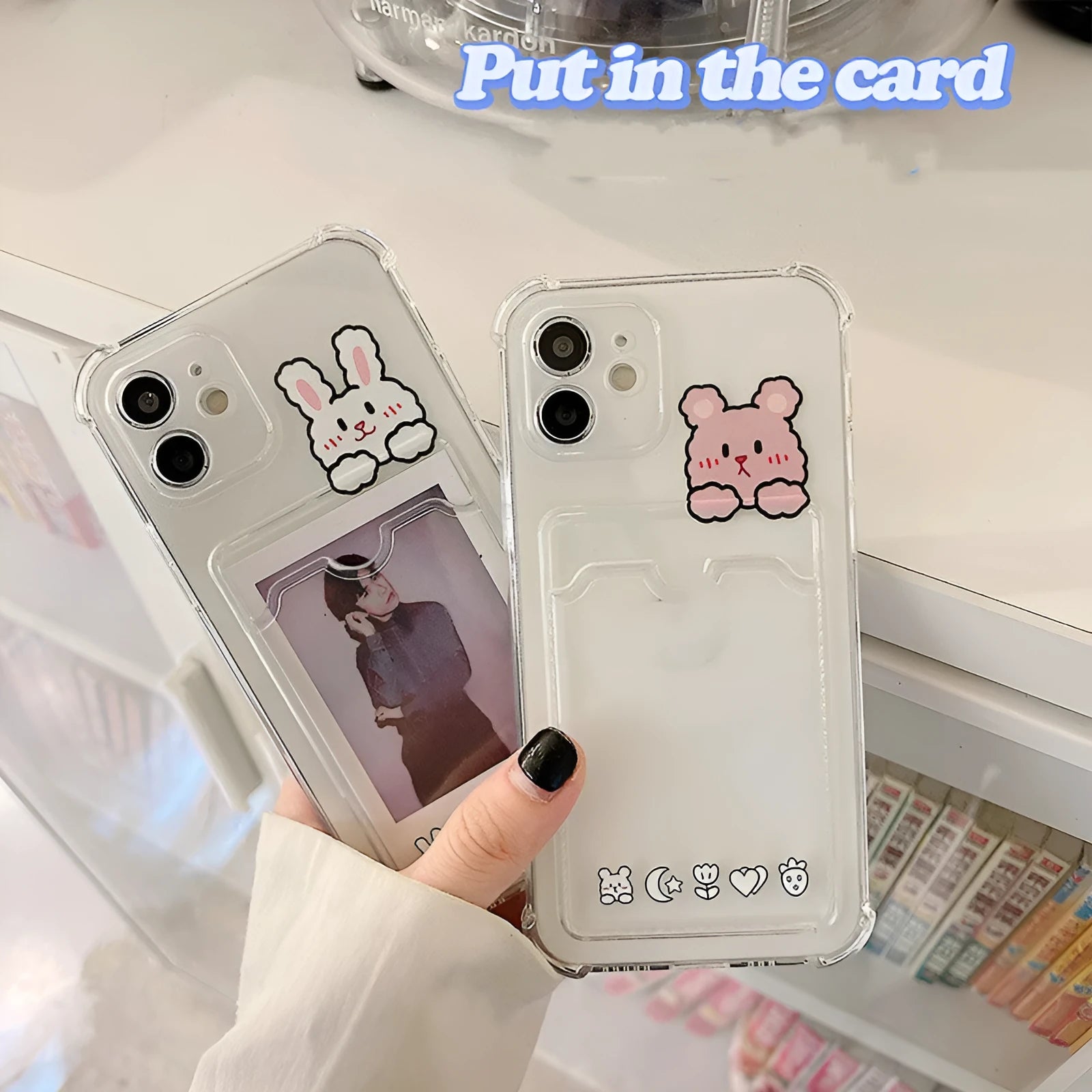 Cartoon design transparent iPhone case with a card slot on the back, compatible with multiple iPhone models.