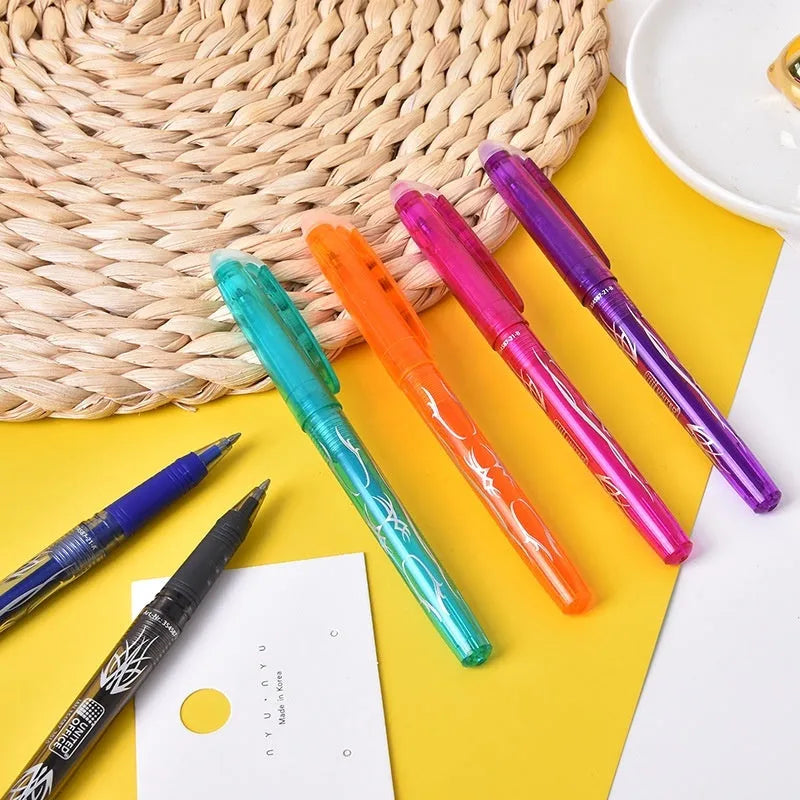 Pack of hot-erasable gel pens with plastic shells and stainless steel tips, showing 0.5mm and 0.7mm nib options.