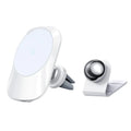 Black magnetic car wireless charging stand mounted on car dashboard with phone attached