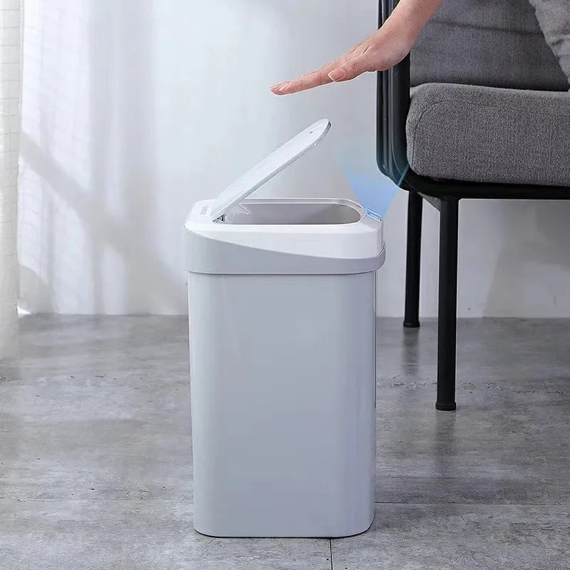 Plastic induction trash can with lid in black or white for kitchen, living room, or toilet
