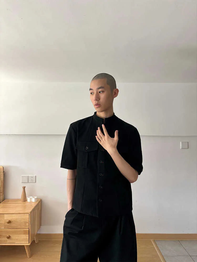 Black handmade red eye hunting half sleeve shirt with shirt collar and loose fit design