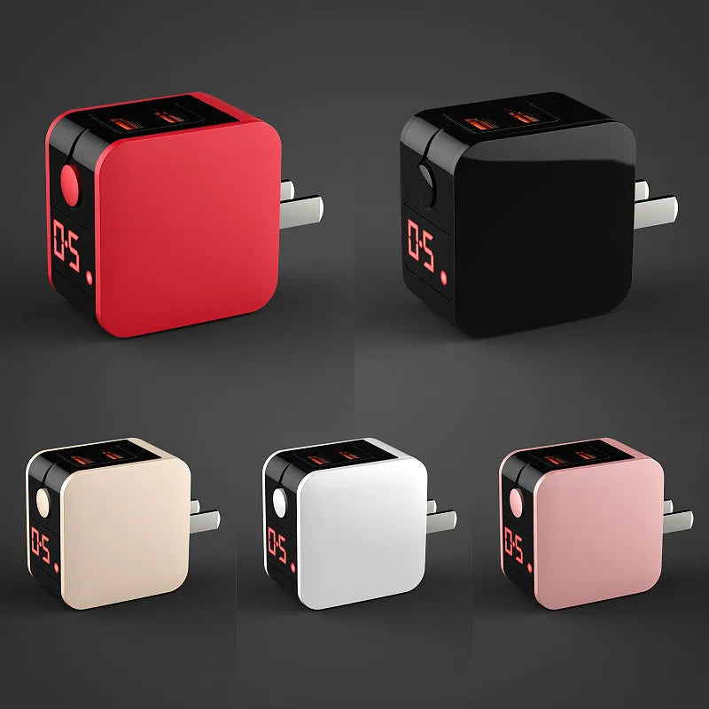 5V 2.4A dual USB travel charger with digital display showing Chinese, US and EU plug options