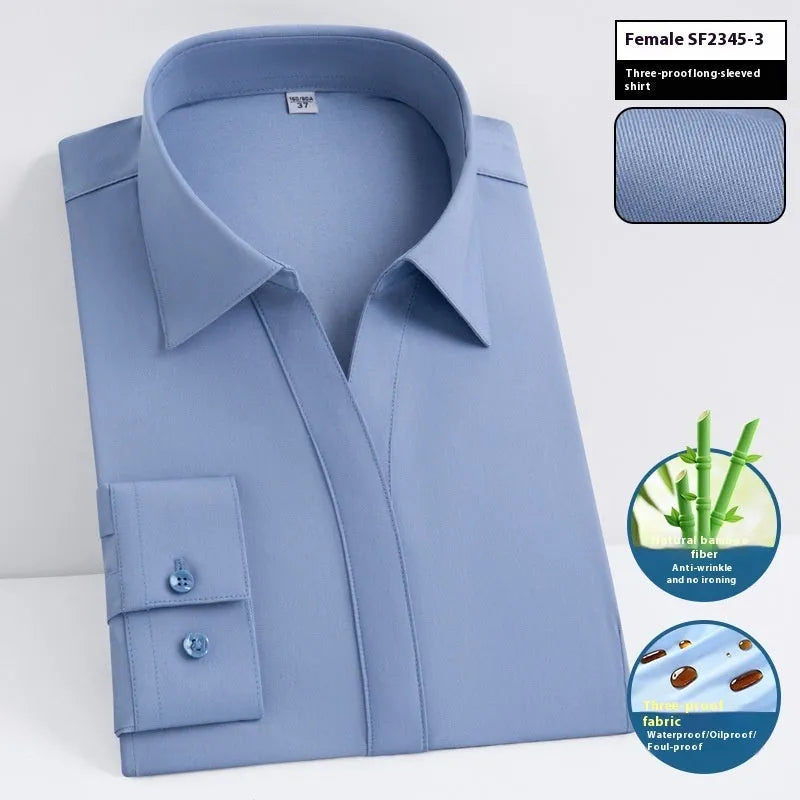 Men's short sleeve bamboo fiber shirt with square collar in solid color, featuring waterproof and stain resistant business formal style