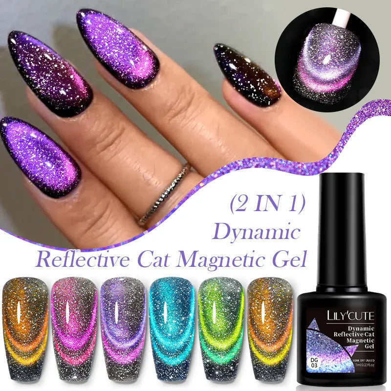 Six bottles of Diamond In The Debris Cat Eye Series UV gel nail polish in colours 01, 02, 03, 04, 05, and 06 with glitter.