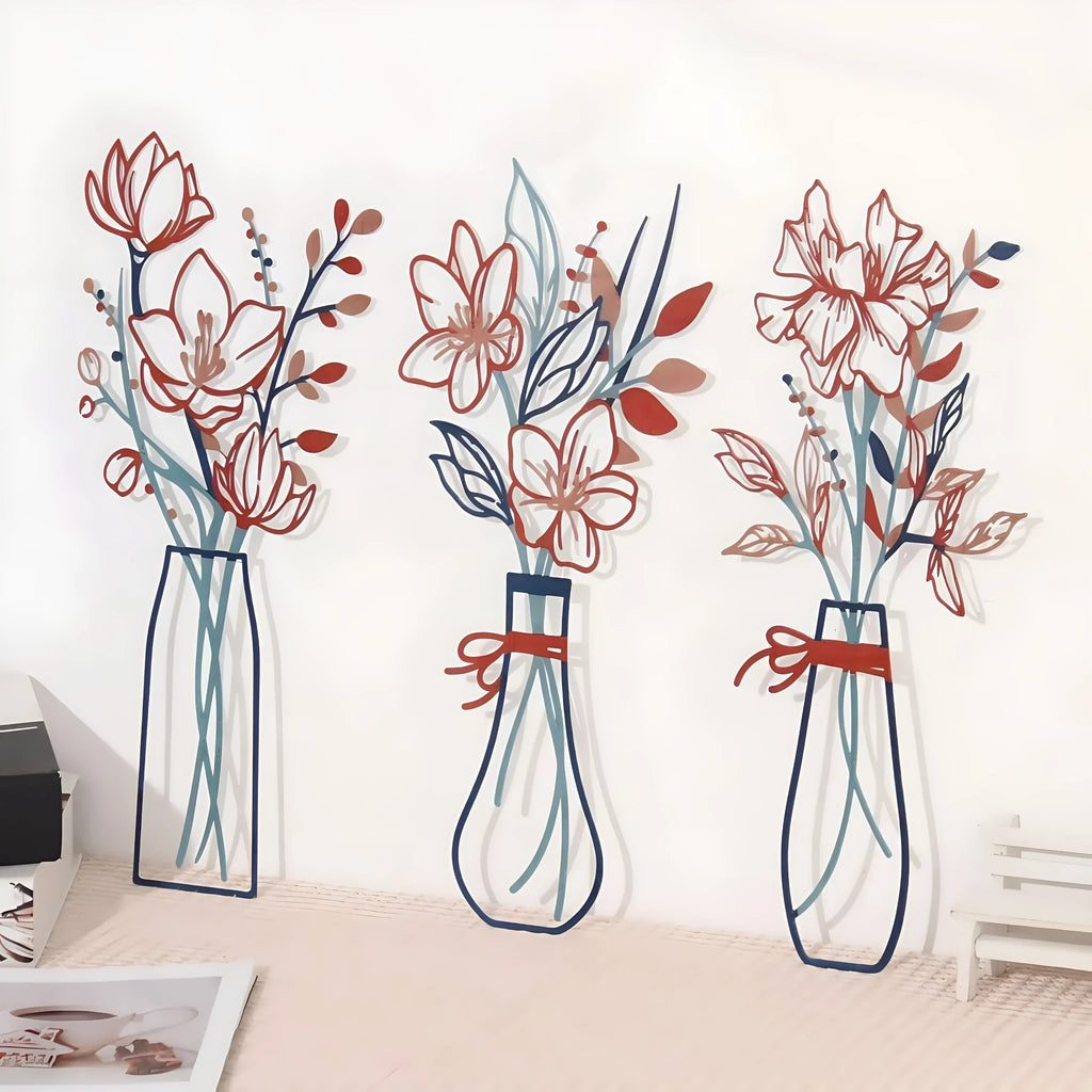 Three metal flower wall art pieces in country farmhouse style with vase silhouettes