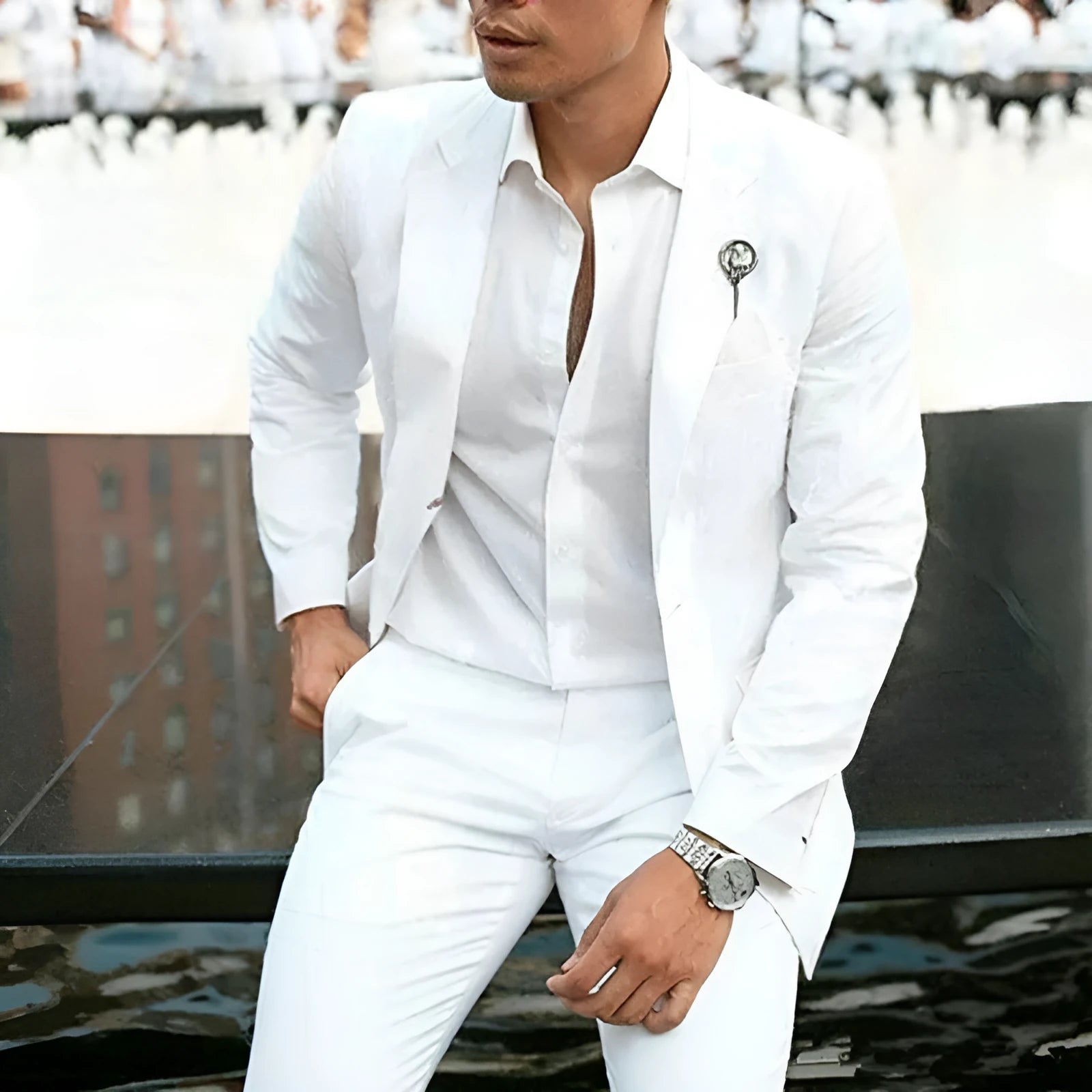 White men's slim fit two-piece wedding suit with cotton and acetate fibre construction
