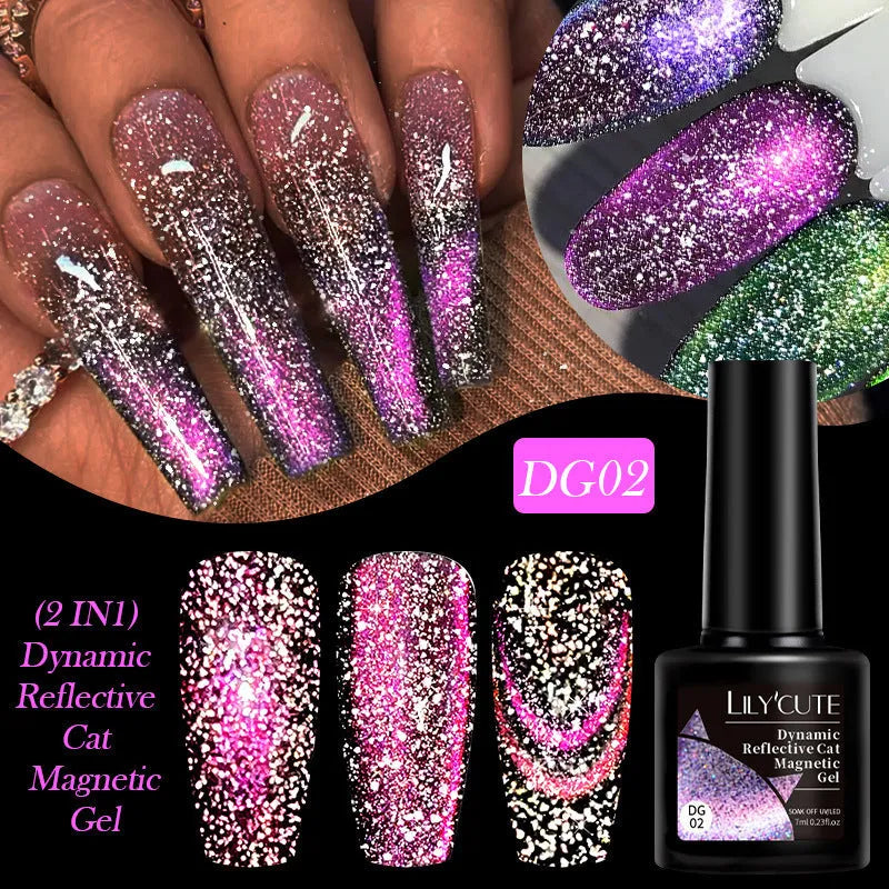 Six bottles of Diamond In The Debris Cat Eye Series UV gel nail polish in colours 01, 02, 03, 04, 05, and 06 with glitter.