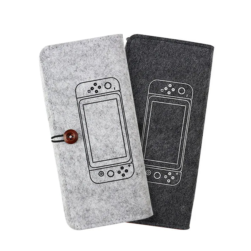 Black felt pouch case for Nintendo Switch open to show console compartment and 5 game card slots.