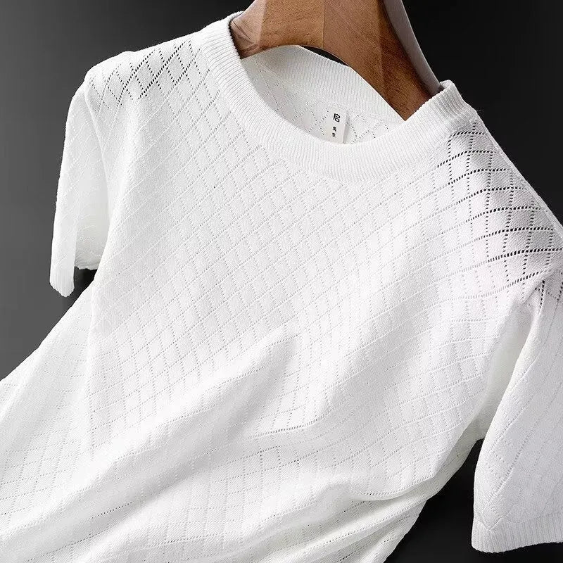 Men's ice silk T-shirt on a hanger, showing both V-neck and round neck options in black and white.