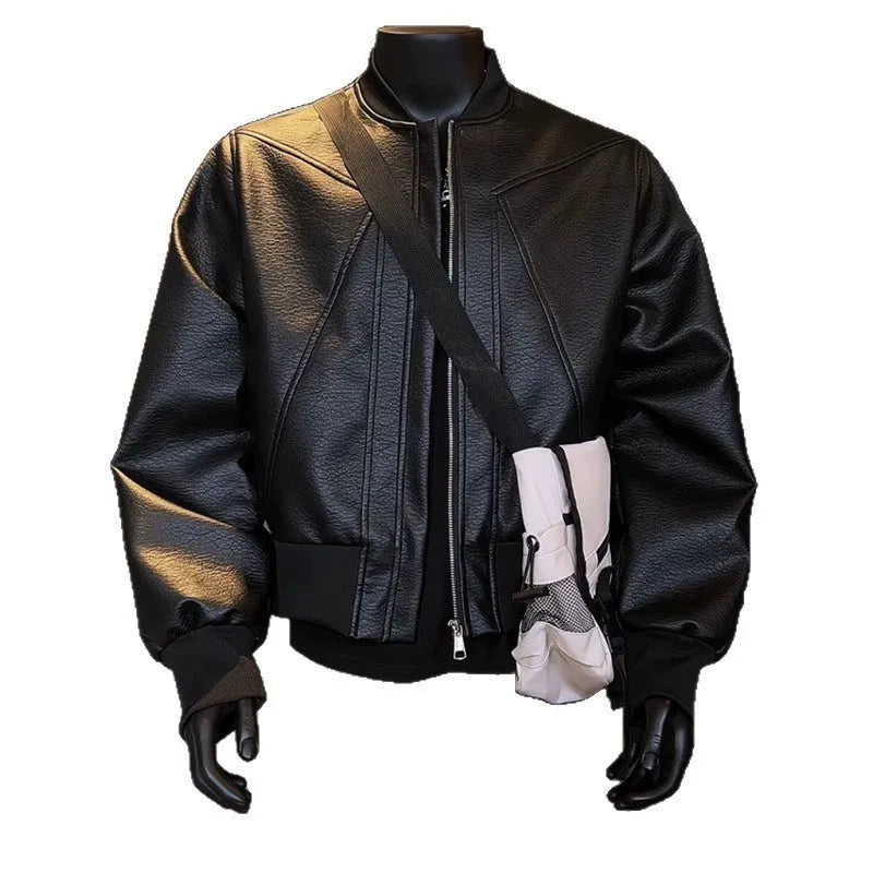 Men's extended length black PU leather jacket with a tight-fitting business casual style