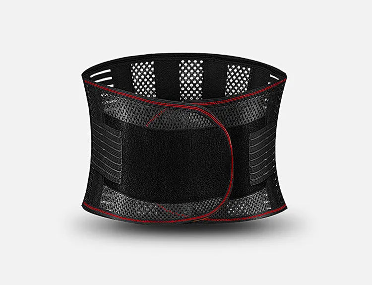 Black breathable sports waist support with steel plate backing for lumbar protection during fitness activities