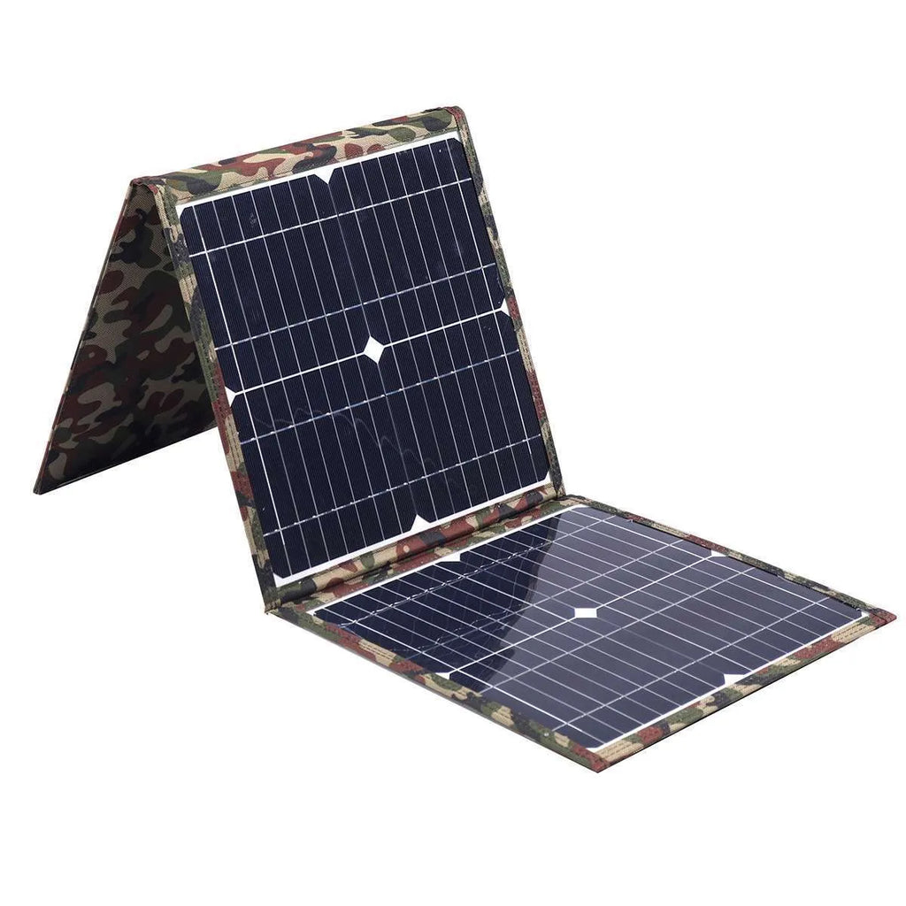 Black foldable solar panel unfolded showing three solar cells with accessories including battery clips and cables