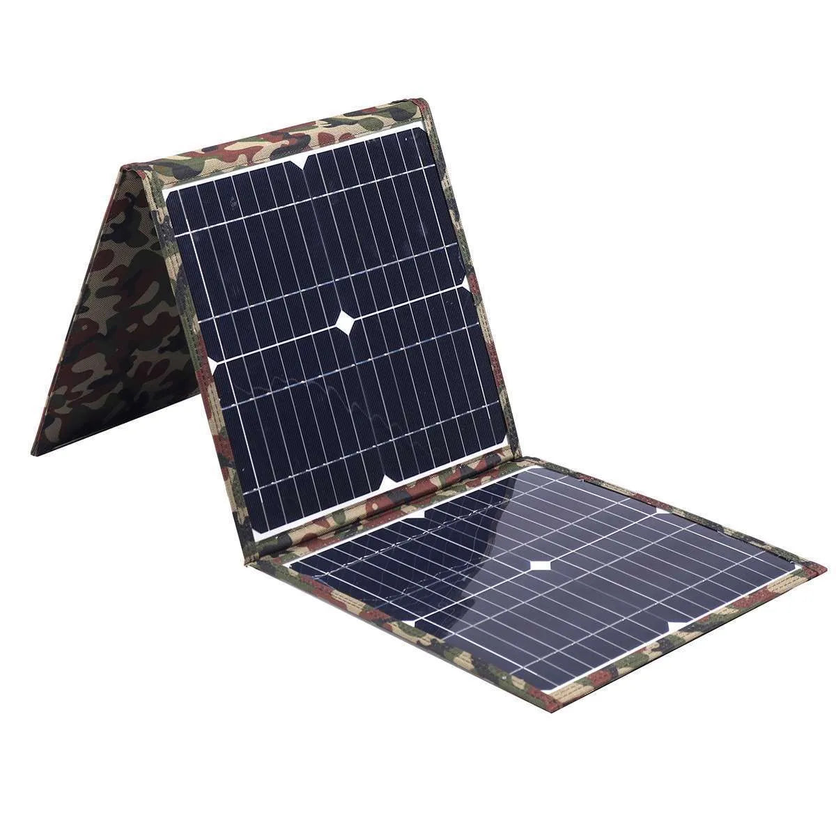 Black foldable solar panel unfolded showing three solar cells with accessories including battery clips and cables