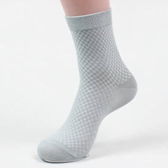 Men's bamboo fiber business socks in navy blue and grey with medium thickness knit and small square style pattern