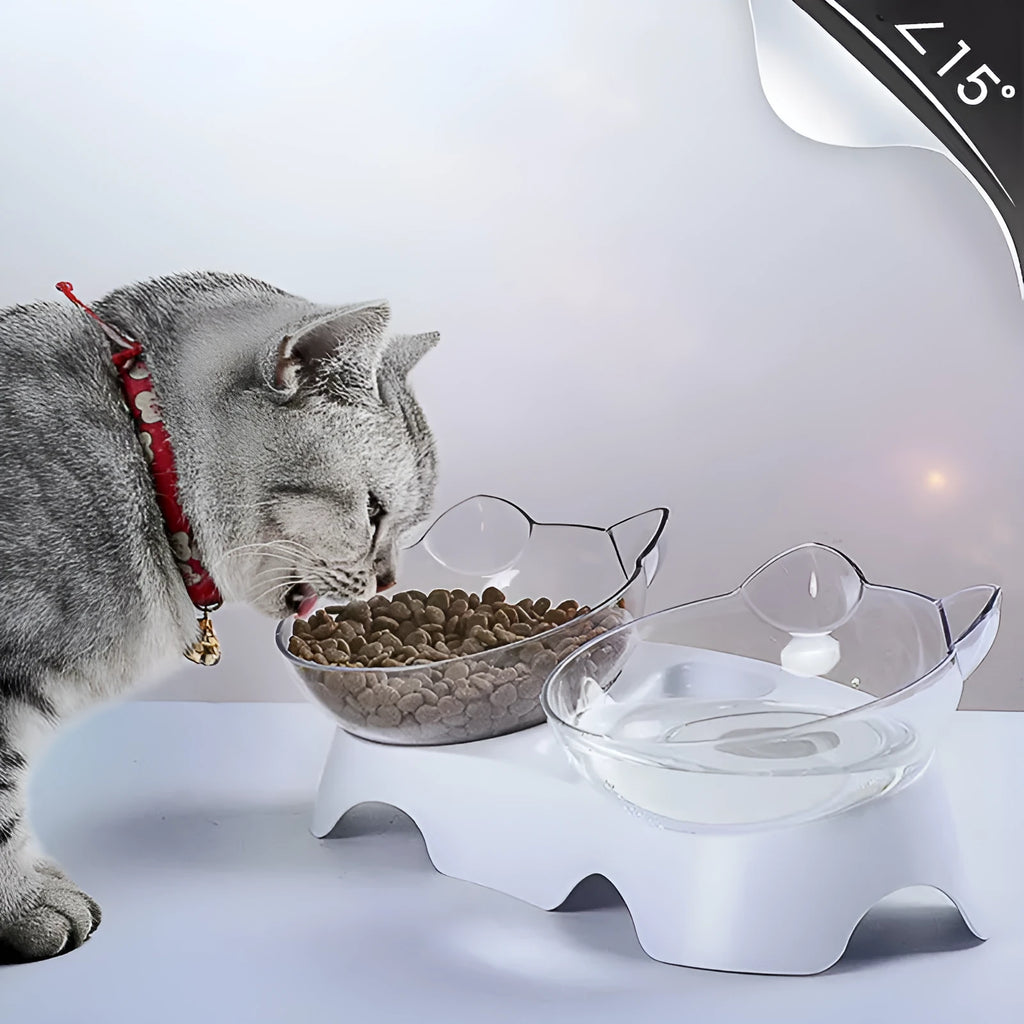 Tilted elevated cat bowl feeder with non-slip support in blue, pink, or white, made from non-toxic material
