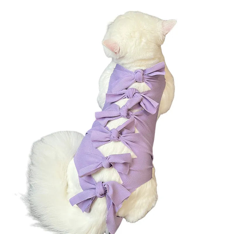Lace-up cat sterilization clothing in blue colour with size labels for post-operation recovery