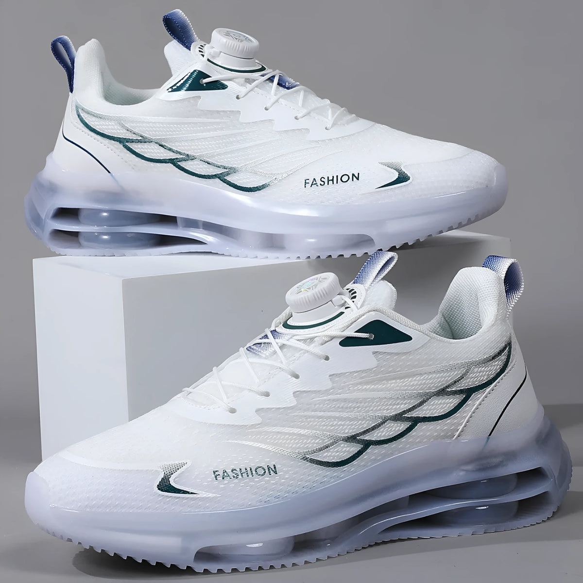 White youth casual shoes with rotating button fastener and mesh upper on rubber sole