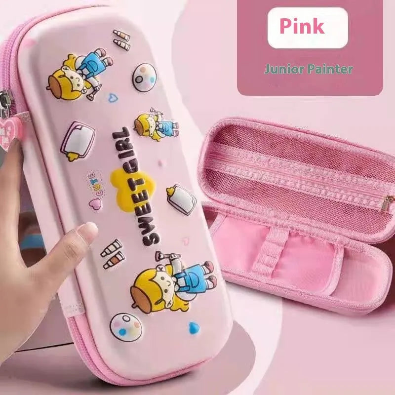 3D leather pencil case showing embossed astronaut and dinosaur design options.