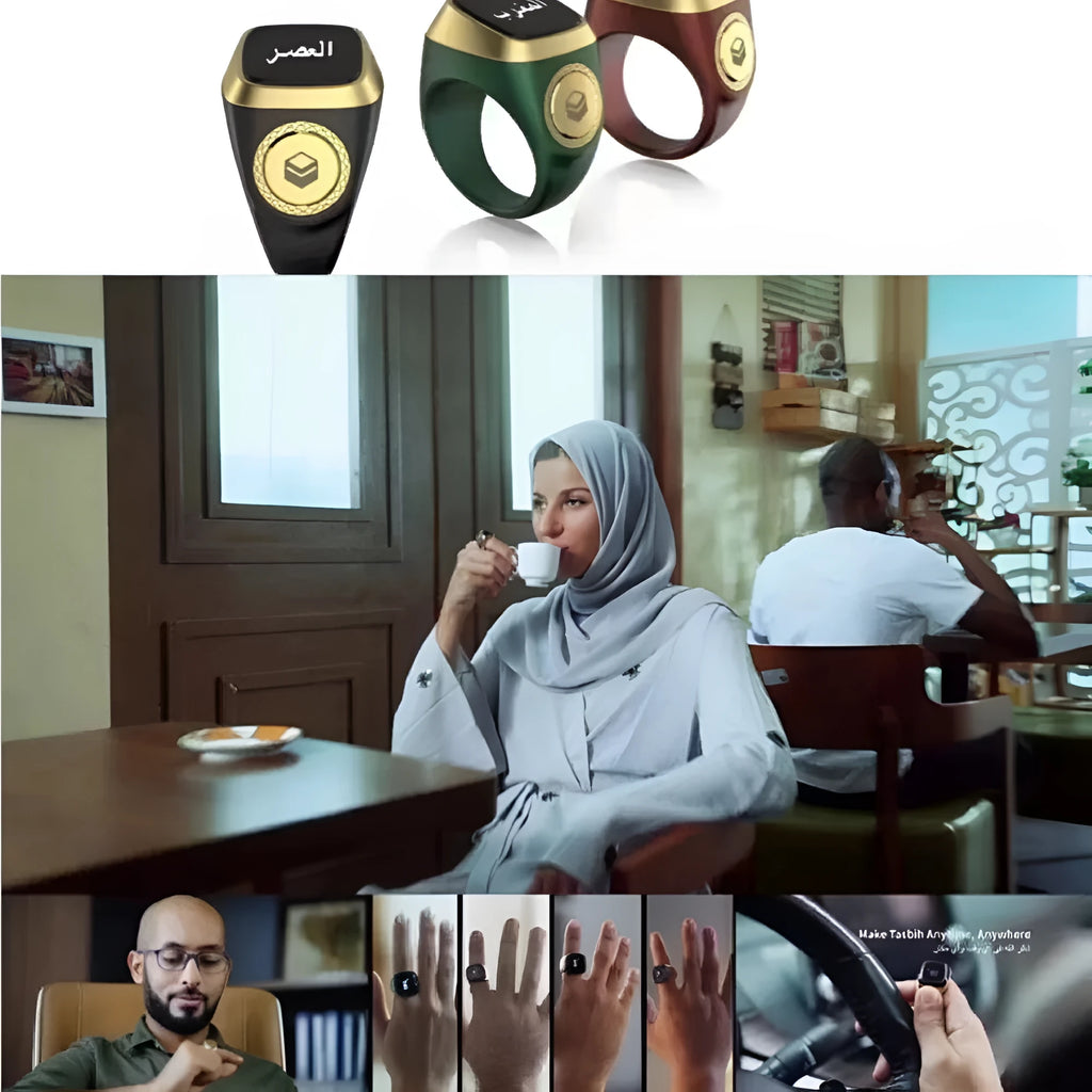 Zikr1 metal smart ring in black with OLED display and single button, shown with charging case.