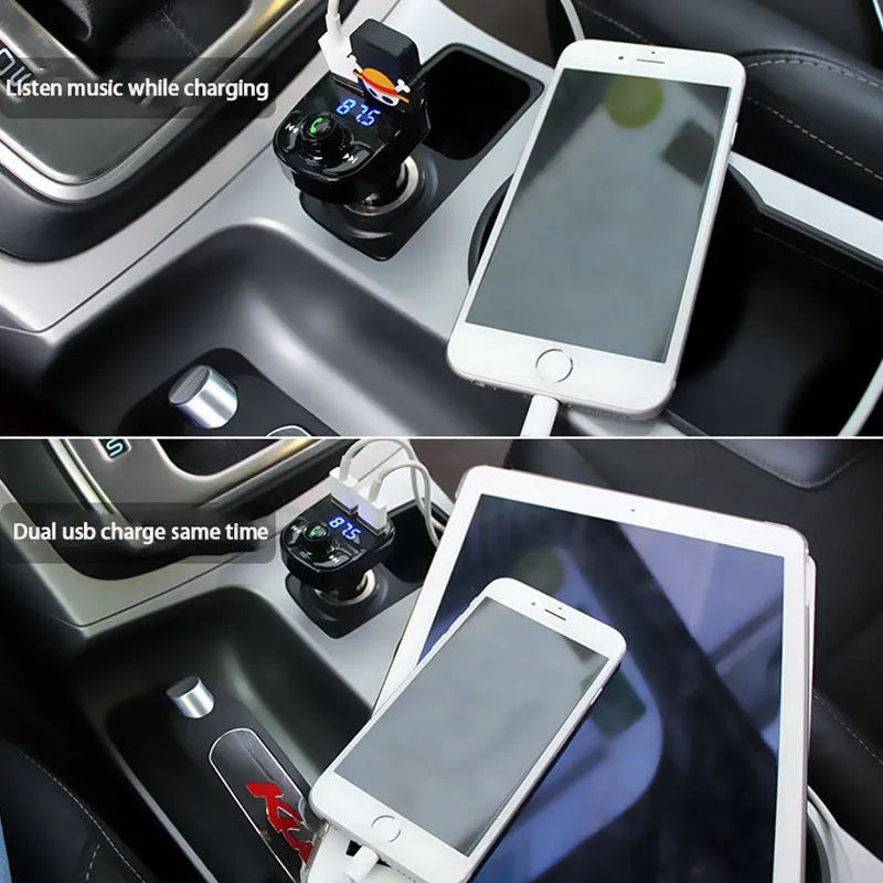 Car MP3 audio player and FM transmitter with dual USB charger, LED screen, 73x47x39mm, 30g.