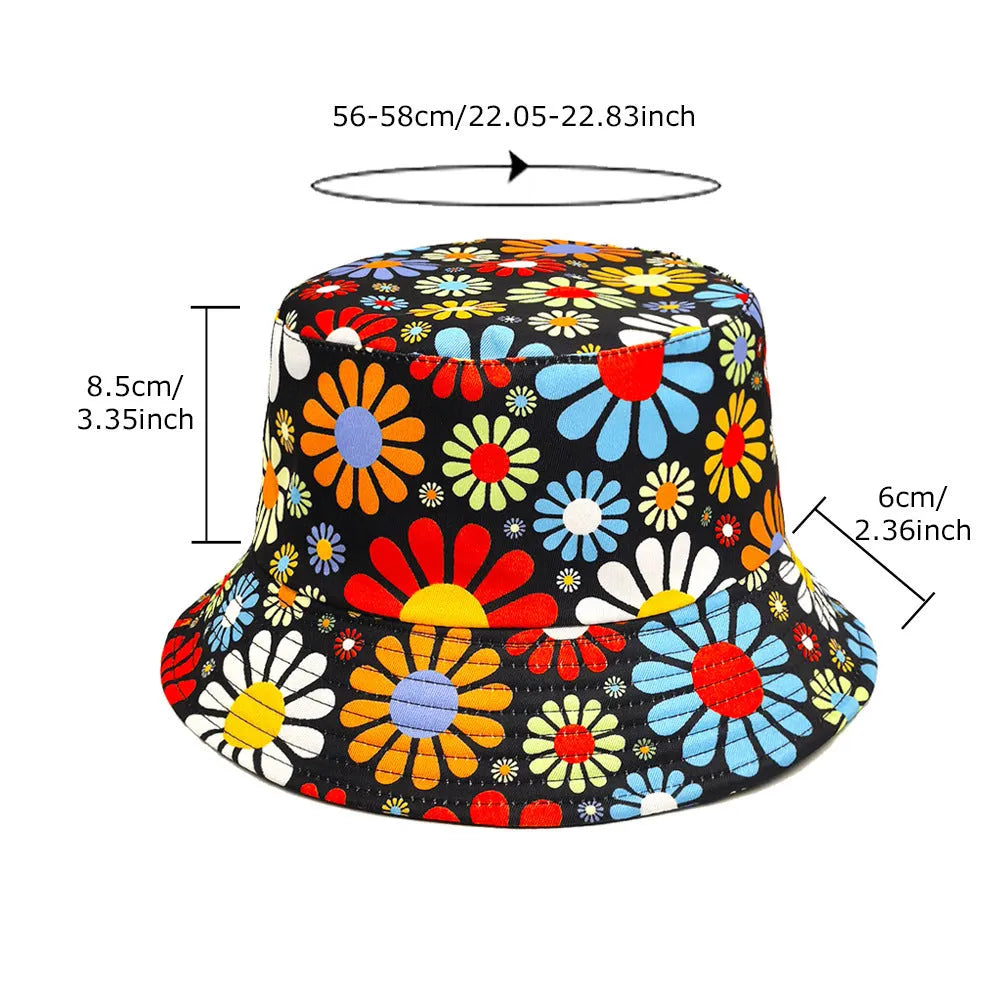 Colourful floral pattern polyester bucket hat with a dome crown on a neutral background.