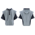Men's black heavy industry sports suit with hooded short sleeve jacket and trousers laid flat.