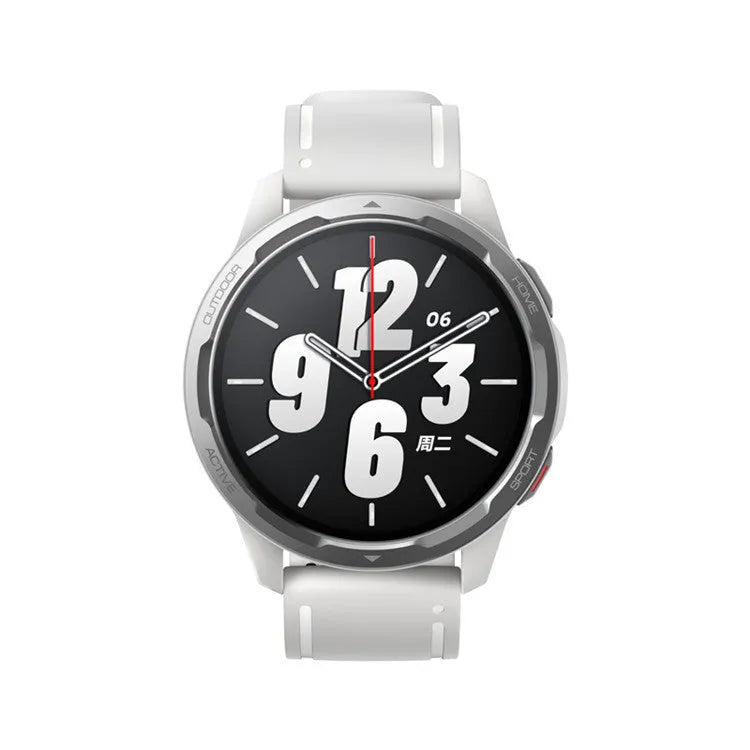 Smart watch with dual band GPS, 1.43-inch screen, and silicone strap in black, white, or blue