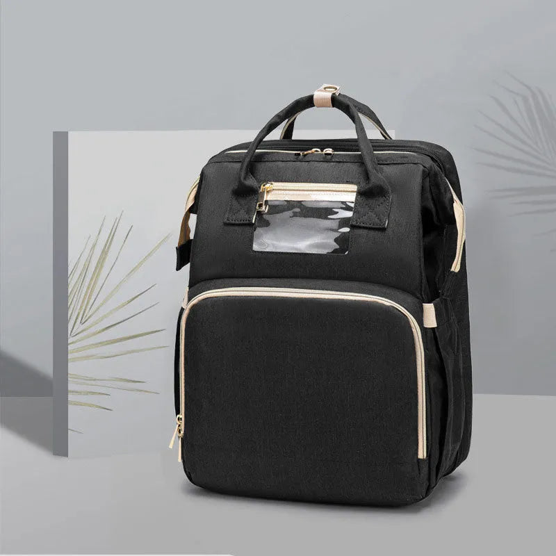 Foldable baby bed backpack with mattress, 30x73x24cm bed, USB option, cationic fabric, black or colour