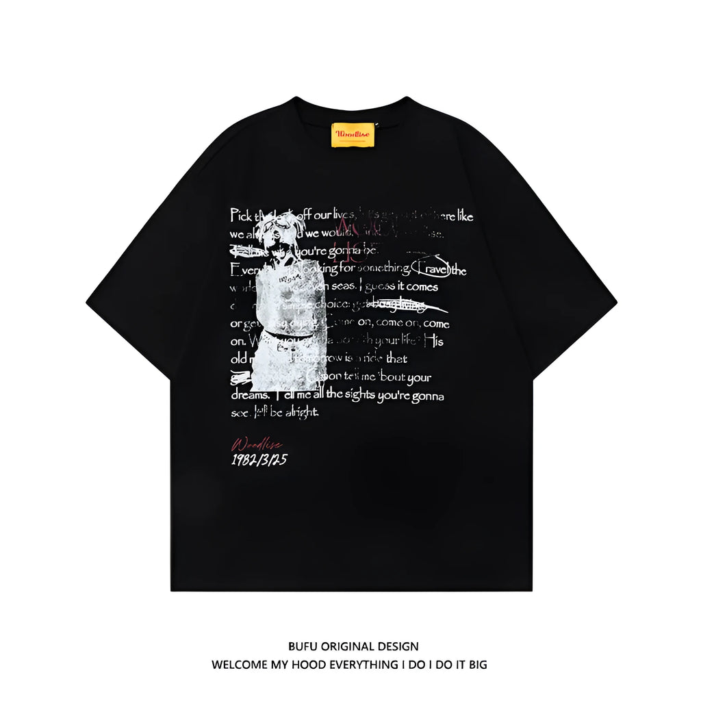 Men's black pure cotton loose T-shirt with white letter print and short raglan sleeves.
