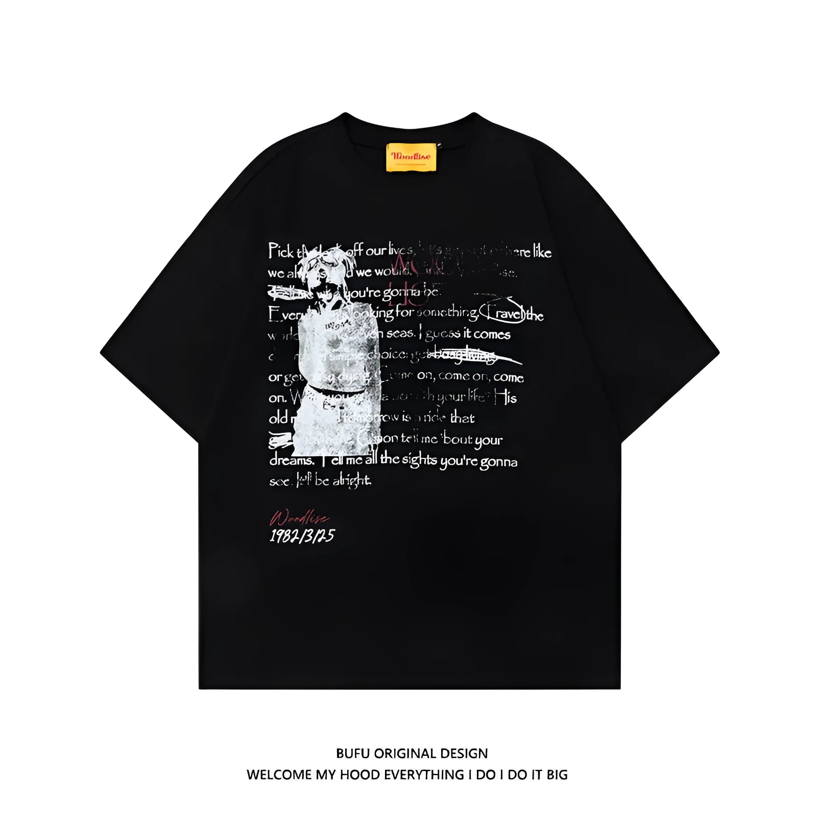 Men's black pure cotton loose T-shirt with white letter print and short raglan sleeves.
