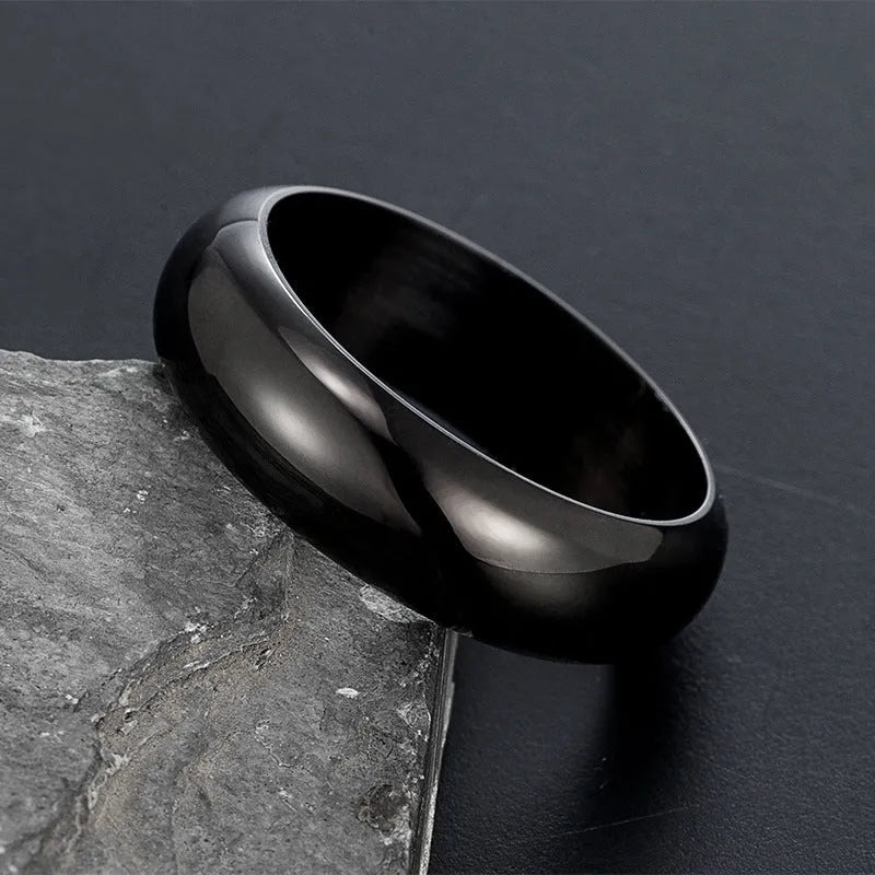 Electroplated titanium steel ring in glossy gold, black or steel colour on size display
