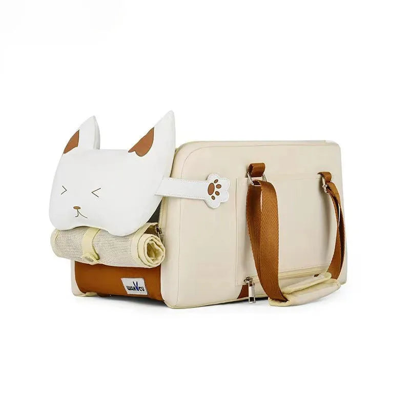 Beige hard-sided pet carrier measuring 43x25x22.5cm with EPE padding construction