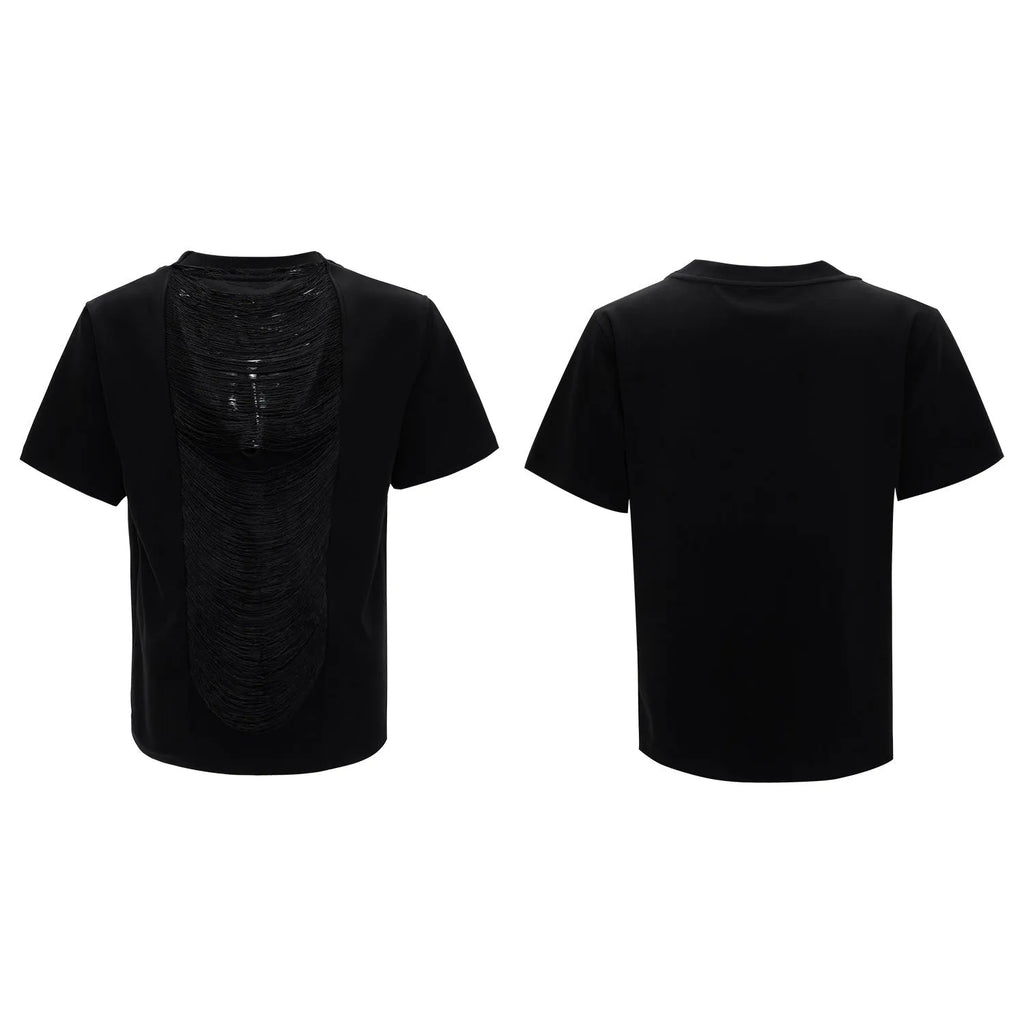 Men's black hollow out V-neck loose fit T-shirt with short sleeves and tassel detail
