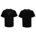 Men's black hollow out V-neck loose fit T-shirt with short sleeves and tassel detail