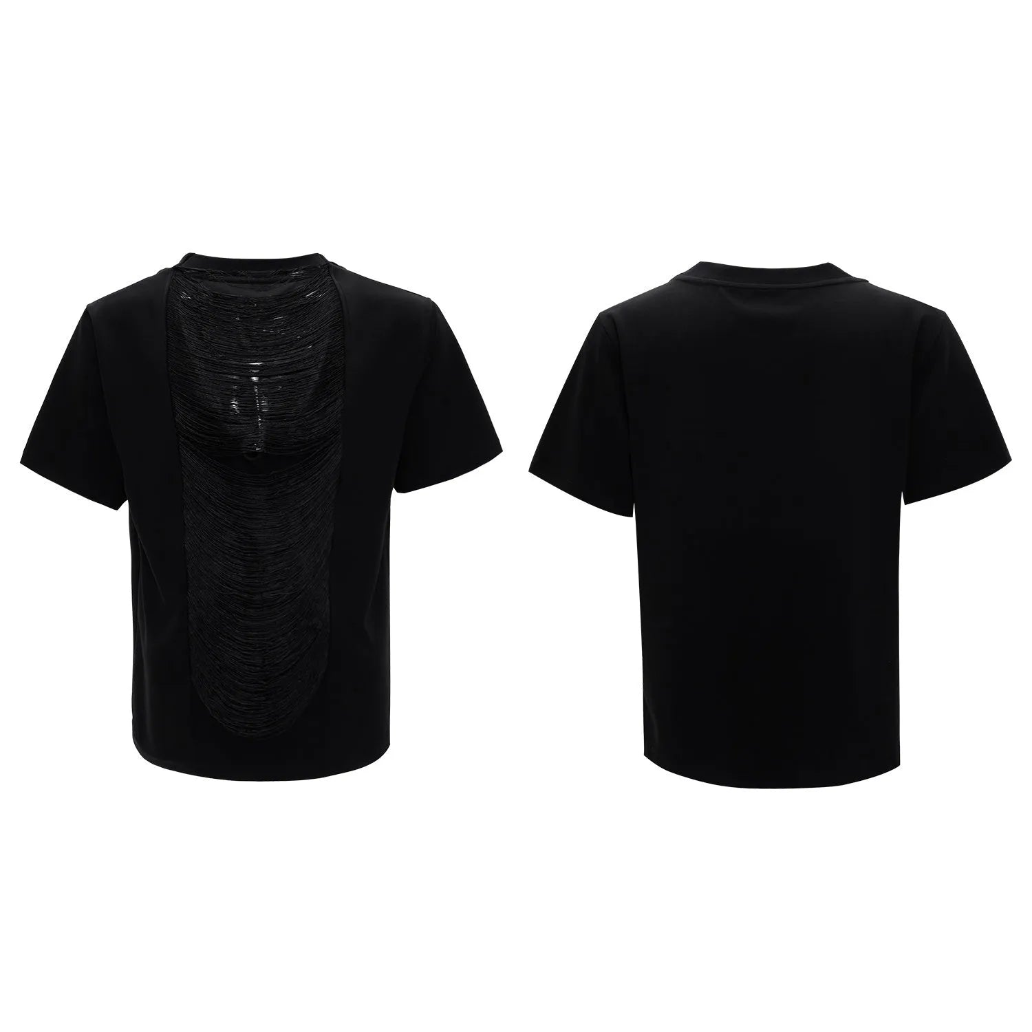 Men's black hollow out V-neck loose fit T-shirt with short sleeves and tassel detail