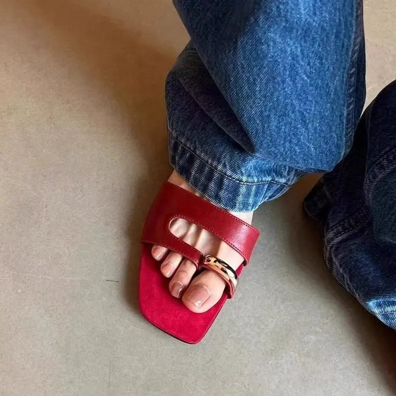 Plus size outdoor slippers with square toe design in red, white, black, and silver colour options on a plain background