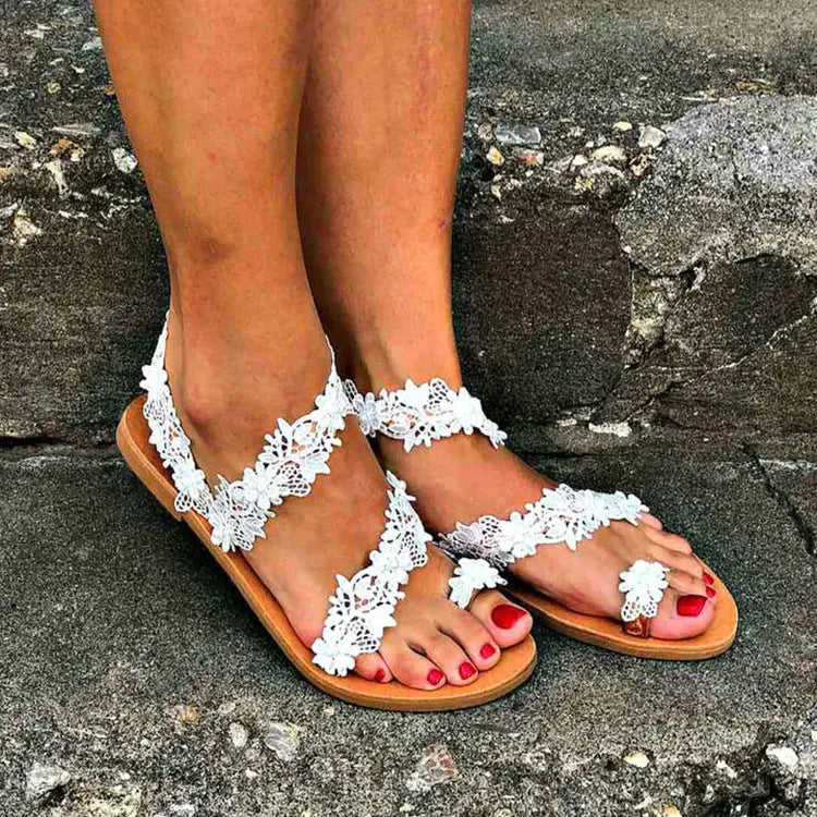 White women's casual sandals with rhinestone flower decoration and backless slip-on design