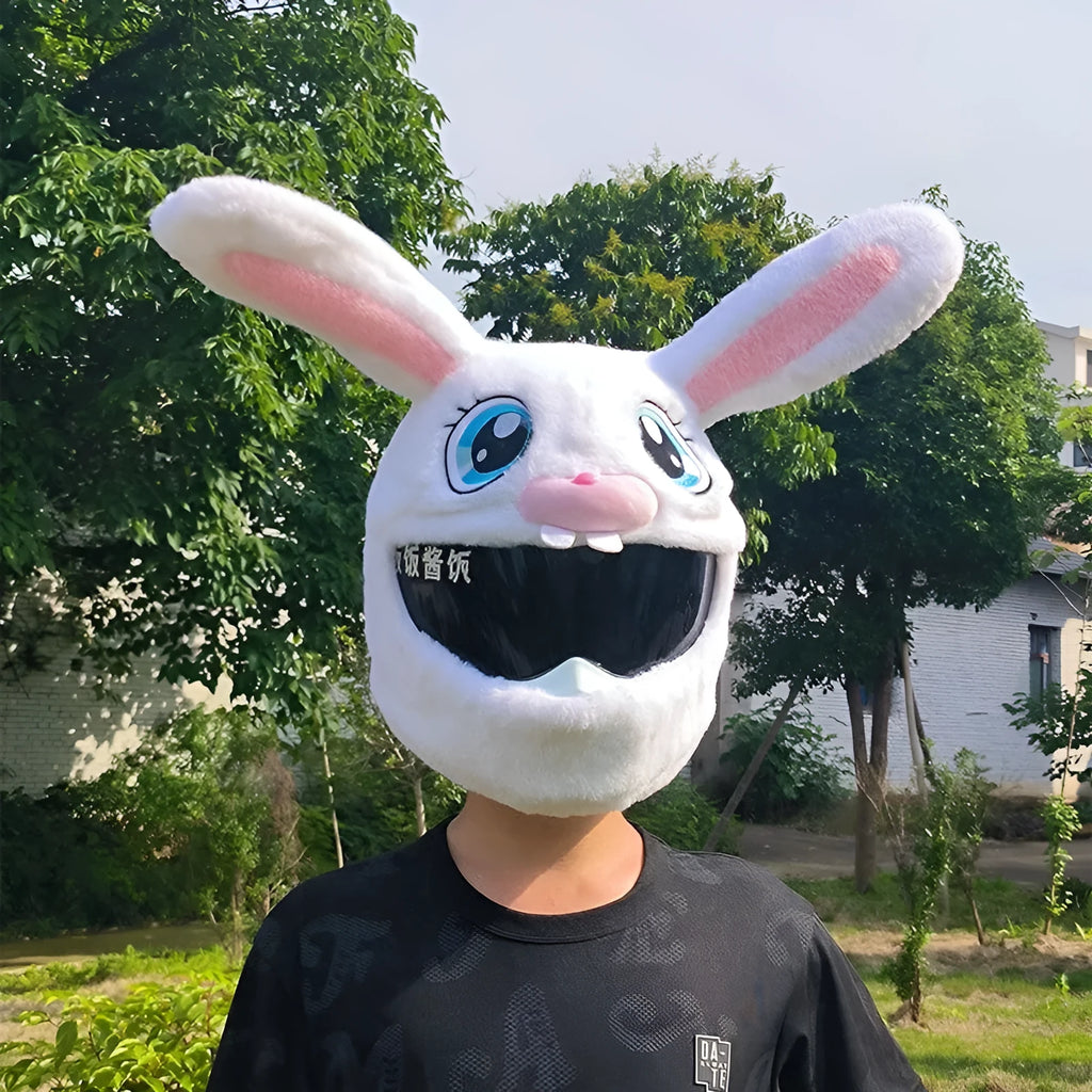 White rabbit head helmet cover with long ears made from plush PP cotton material