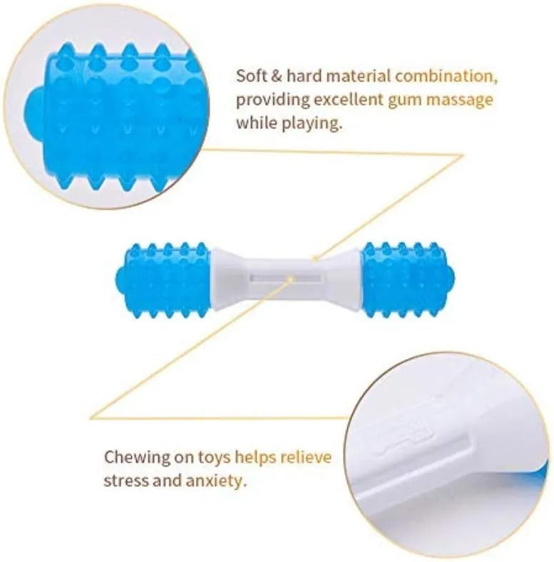 Blue and white TPR rubber puppy teething chew toy for dental health in three sizes
